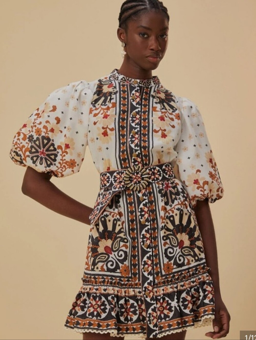 Farm Rio Flower Fan Tapestry Off-White Mini Dress